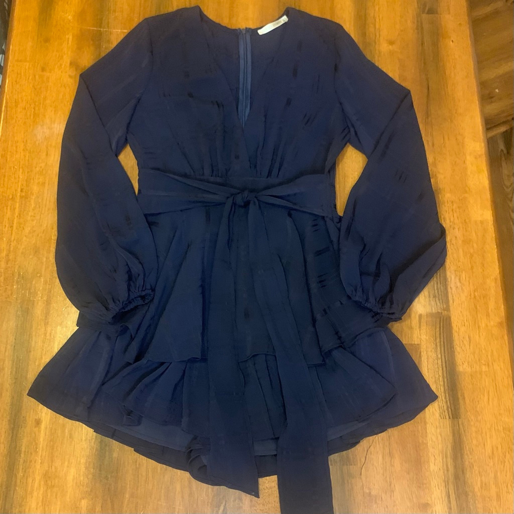 Saints & Secrets Romper Large Navy Blue Sash Belt Long Sleeved Lined